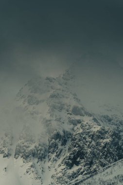Kuzey Norveç 'teki Lyngen Alpleri' nde bulutlarla kaplı karlı dağ.