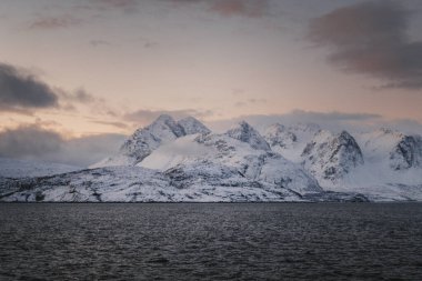Karlı Lyngen Alpleri kışın Kuzey Kutup Norveç 'te gün batımında çekilmiştir.