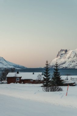 Ersfjord 'un karlı dağları Norveç, Tromso yakınlarında kutup gecesi günbatımında.