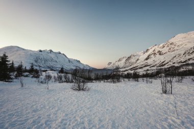 Norveç, Tromso yakınlarında kışın karlı Ersfjord manzarası.