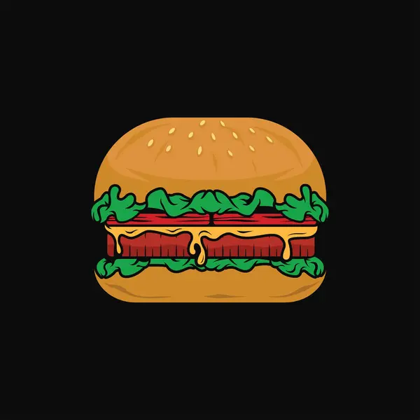 Çizgi film lezzetli büyük hamburger peynirli ve susamlı siyah arkaplan çizim vektör tasarımı izole