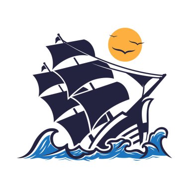 Günbatımı arka planında yelkenli gemisi çizimi, işletme şirketi veya maskotu için uygun vs.