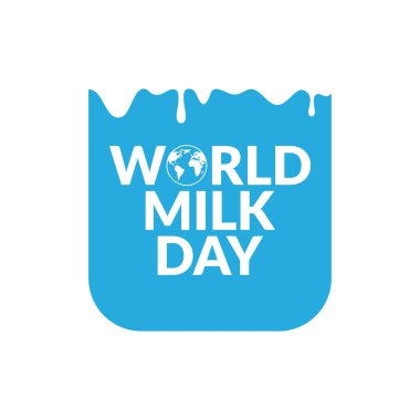 Vektör Süt Günü Selamları. Mavi arka planda sütün vektör illüstrasyonu.