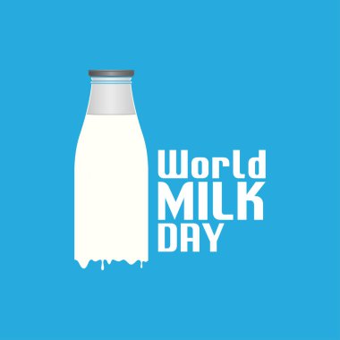 Vektör Süt Günü Selamları. Mavi arka planda bir şişedeki sütün vektör illüstrasyonu.