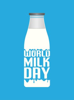 Vektör Süt Günü Selamları. Mavi arka planda bir şişedeki sütün vektör illüstrasyonu.