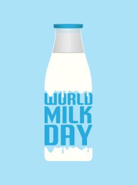 Vektör Süt Günü Selamları. Mavi arka planda bir şişedeki sütün vektör illüstrasyonu.