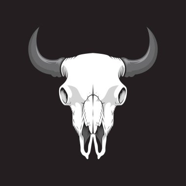 Siyah arkaplanda izole edilmiş boğa kafatası çizim vektör tasarımı
