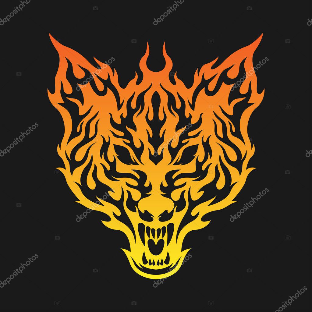 Angry wolf head With fire illustration vector design for logo, mascot, t-shirt etc.