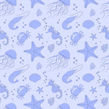 Pastel Blue Destern 'deki Su altı Yaratıkları. Denizanası, denizyıldızı, denizatı, yengeç karidesi.