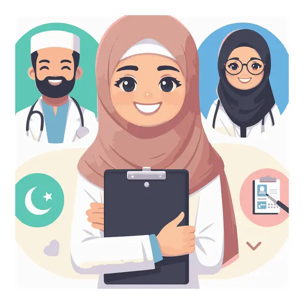 Müslüman bir kadın doktor tıbbi uzmanlığını İslam 'ın değerleri ve kültürel uygulamalarıyla birleştiren bir sağlık uzmanıdır. Geleneksel giysiler giyebilir, başörtüsü gibi, aynı zamanda hastalara şefkatli, yüksek kaliteli bakım sağlayabilir..  