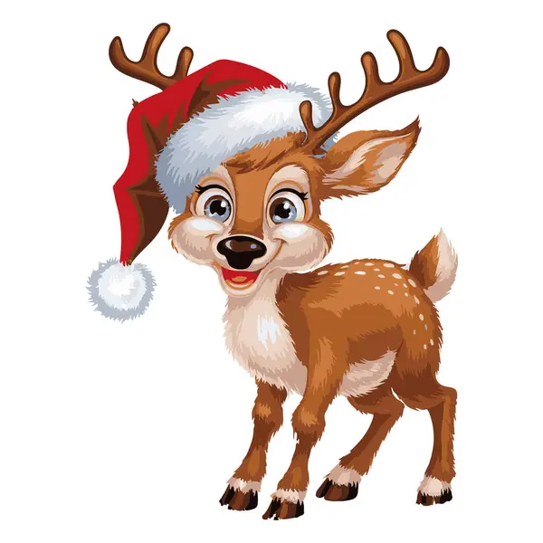Noel temalı tasarımlar ve tatil kartları için mükemmel, neşeli bir ifadeye sahip, şenlikli kırmızı bir eşarp takan bir bebek ren geyiğinin sevimli vektör çizimi.