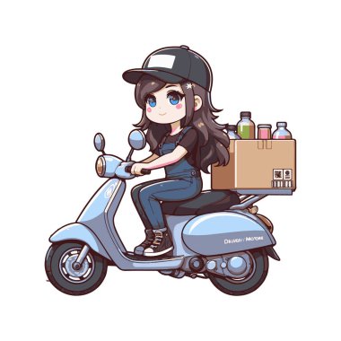 Hareketli bir taşıyıcı kızın canlandırdığı canlı bir vektör çizimi. Scooter kullanıyor, kask takıyor ve bir teslimat çantası taşıyor. Tasarım temiz, renkli ve eğlenceli, cesur çizgiler ve minimalist detaylar, modern için ideal. 