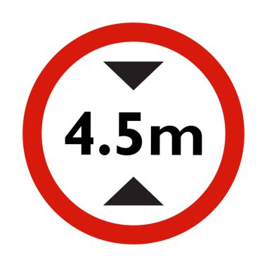 Siyah kenarlı parlak sarı dairesel arkaplan üzerinde koyu siyah metin içeren 4.5 metre yükseklik sınırı işaretinin vektör illüstrasyonu. Tasarım açık, basit ve kolayca tanınabilir, yol işaretleri veya ulaşımla ilgili grafikler için uygundur.