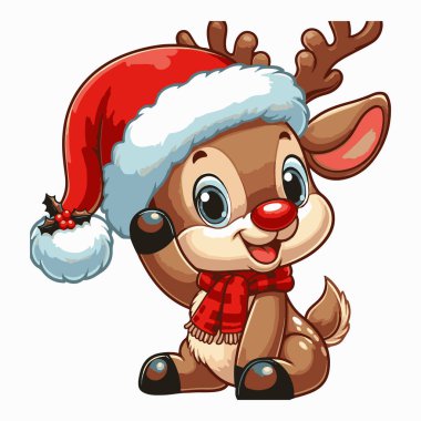 Noel Baba şapkası takan, Noel temalı tasarım ve projeler için mükemmel bir bebek ren geyiği tırmanışı. Bu sevimli illüstrasyon, neşeli ve iç açıcı detaylarla bayram ruhunu yakalıyor..