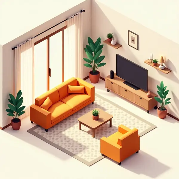 Modern bir oturma odasının minimalist izometrik vektör çizimi. Tasarım, temiz çizgiler, yumuşak sessiz renkler ve düz bir estetik içerir. Oda rahat bir kanepe, bir sehpa ve bitki ve duvar sanatı gibi dekoratif öğeler içeriyor. 