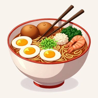 İçinde taze soğan, kaynamış yumurta ve bir dilim taze domuz eti gibi taze malzemelerle süslenmiş şeffaf erişteler bulunan bir kase açık renkli ramen. Yemeğin basitliği, temiz ve ince aromalarını ön plana çıkarıyor.