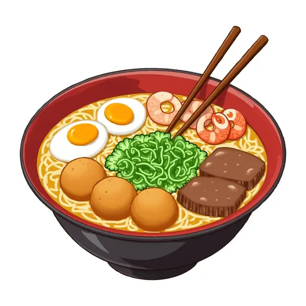 İçinde taze soğan, kaynamış yumurta ve bir dilim taze domuz eti gibi taze malzemelerle süslenmiş şeffaf erişteler bulunan bir kase açık renkli ramen. Yemeğin basitliği, temiz ve ince aromalarını ön plana çıkarıyor.