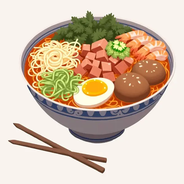 İçinde taze soğan, kaynamış yumurta ve bir dilim taze domuz eti gibi taze malzemelerle süslenmiş şeffaf erişteler bulunan bir kase açık renkli ramen. Yemeğin basitliği, temiz ve ince aromalarını ön plana çıkarıyor.