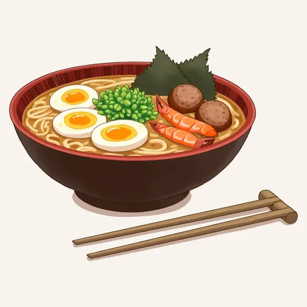 İçinde taze soğan, kaynamış yumurta ve bir dilim taze domuz eti gibi taze malzemelerle süslenmiş şeffaf erişteler bulunan bir kase açık renkli ramen. Yemeğin basitliği, temiz ve ince aromalarını ön plana çıkarıyor.