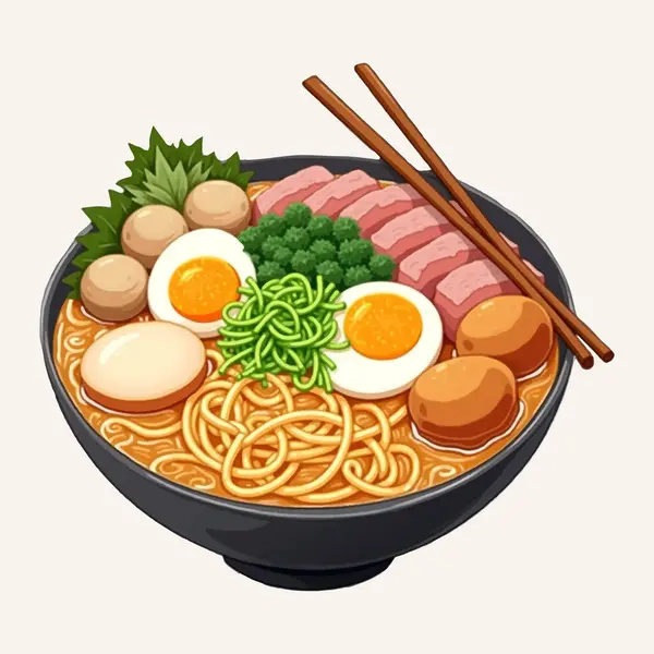 İçinde taze soğan, kaynamış yumurta ve bir dilim taze domuz eti gibi taze malzemelerle süslenmiş şeffaf erişteler bulunan bir kase açık renkli ramen. Yemeğin basitliği, temiz ve ince aromalarını ön plana çıkarıyor.