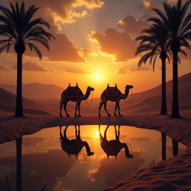 Gün batımında nefes kesici bir çöl sahnesi, gökyüzünün turuncu, pembe ve mor renkli canlı renklerle boyandığı yer. Batan güneşin sıcak parıltısı altın kum tepeleri boyunca uzun gölgeler oluşturarak sakin ve sakin bir atmosfer yaratır. Siluetler 