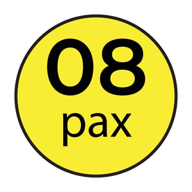 Ticari araçlar için maksimum yolcu kapasitesini göstermek için tasarlanmış 08 Pax etiketli vektör çizimi. Bu yüksek kaliteli vektör grafiği net bir görünürlük ve ulaşım yönetmeliklerine uymayı sağlar. Minibüslerde kullanmak için mükemmel.,