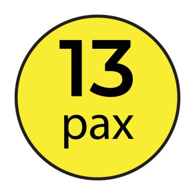 Ticari araçlar için maksimum yolcu kapasitesini göstermek için tasarlanmış 13 Pax çıkartması vektör illüstrasyonu. Bu yüksek kaliteli vektör grafiği net bir görünürlük ve ulaşım yönetmeliklerine uymayı sağlar. Minibüslerde kullanmak için mükemmel.,