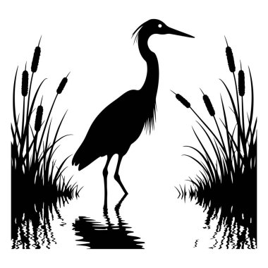  Sergilenen zarif balıkçıl sakin bir göl kenarında duruyor, parlak bir siluet tarzıyla tasvir edilmiş. Vektör çizimleri, doğanın dingin güzelliğini su üzerindeki ince yansımaları ve barışçıl bir ambiyansı yansıtıyor. Tasarım projeleri için mükemmel,