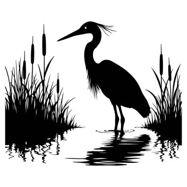 Suyun kenarında duran zarif bir balıkçıl tasvir edilir, parlak ve minimalist bir siluet tarzıyla tasvir edilir. Bu vektör çizimi, doğanın sükunetini, dingin bir göl kenarı zeminiyle yakalar ve onu dijital ortamda mükemmel kılar.