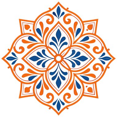 Kırmızı, mavi ve altınla karışık çiçek ve geometrik detaylara sahip canlı ve simetrik bir mandala tasarımı. Eserde merkezi bir noktadan yayılan süs desenleri var. Görsel olarak büyüleyici ve uyumlu bir kompozisyon oluşturuyor. İdeal 