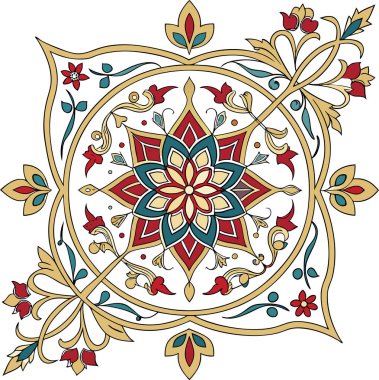 Kırmızı, mavi ve altınla karışık çiçek ve geometrik detaylara sahip canlı ve simetrik bir mandala tasarımı. Eserde merkezi bir noktadan yayılan süs desenleri var. Görsel olarak büyüleyici ve uyumlu bir kompozisyon oluşturuyor. İdeal 