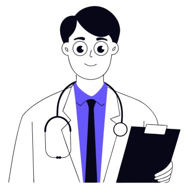 Dost canlısı bir doktorun stetoskop ve not panosu tuttuğunu gösteren canlı bir karikatür tarzı tıbbi vektör çizimi. Temiz çizgiler ve parlak renklerle tasarlanan bu sağlık temalı sanat eseri tıbbi sunumlar ve eğitim materyalleri için idealdir.