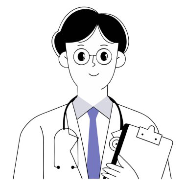 Dost canlısı bir doktorun stetoskop ve not panosu tuttuğunu gösteren canlı bir karikatür tarzı tıbbi vektör çizimi. Temiz çizgiler ve parlak renklerle tasarlanan bu sağlık temalı sanat eseri tıbbi sunumlar ve eğitim materyalleri için idealdir.