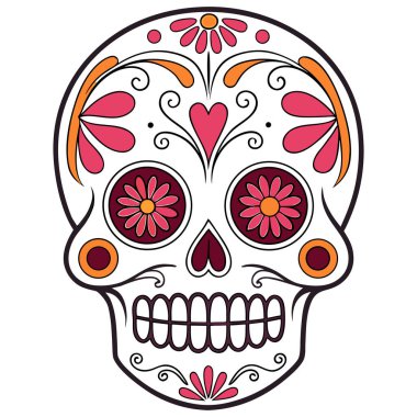 Da de los Muertos geleneklerinden esinlenilmiş canlı kafatası çizimi. Kırmızı, turuncu ve siyah renklerde çiçek ve girdap desenleri var. Kültürel tasarımlar, şenlikli dcor, eğitim malzemeleri ve temalı sanat projeleri için mükemmel.. 