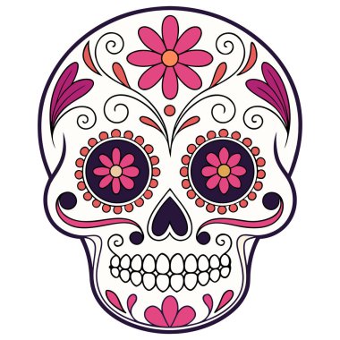 Da de los Muertos geleneklerinden esinlenilmiş canlı kafatası çizimi. Kırmızı, turuncu ve siyah renklerde çiçek ve girdap desenleri var. Kültürel tasarımlar, şenlikli dcor, eğitim malzemeleri ve temalı sanat projeleri için mükemmel.. 