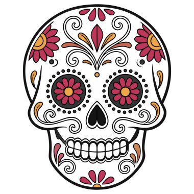 Da de los Muertos geleneklerinden esinlenilmiş canlı kafatası çizimi. Kırmızı, turuncu ve siyah renklerde çiçek ve girdap desenleri var. Kültürel tasarımlar, şenlikli dcor, eğitim malzemeleri ve temalı sanat projeleri için mükemmel.. 