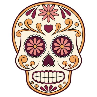 Da de los Muertos geleneklerinden esinlenilmiş canlı kafatası çizimi. Kırmızı, turuncu ve siyah renklerde çiçek ve girdap desenleri var. Kültürel tasarımlar, şenlikli dcor, eğitim malzemeleri ve temalı sanat projeleri için mükemmel.. 