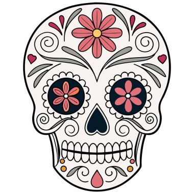 Da de los Muertos geleneklerinden esinlenilmiş canlı kafatası çizimi. Kırmızı, turuncu ve siyah renklerde çiçek ve girdap desenleri var. Kültürel tasarımlar, şenlikli dcor, eğitim malzemeleri ve temalı sanat projeleri için mükemmel.. 