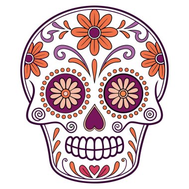 Da de los Muertos geleneklerinden esinlenilmiş canlı kafatası çizimi. Kırmızı, turuncu ve siyah renklerde çiçek ve girdap desenleri var. Kültürel tasarımlar, şenlikli dcor, eğitim malzemeleri ve temalı sanat projeleri için mükemmel.. 