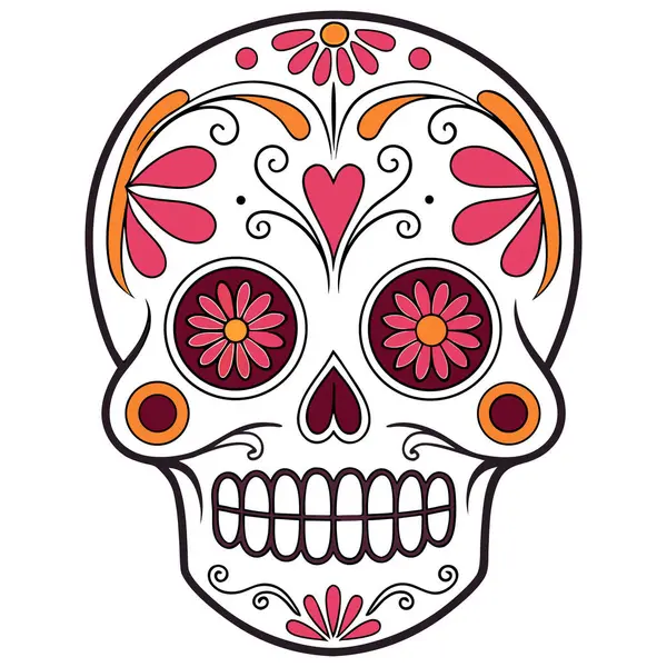 Da de los Muertos geleneklerinden esinlenilmiş canlı kafatası çizimi. Kırmızı, turuncu ve siyah renklerde çiçek ve girdap desenleri var. Kültürel tasarımlar, şenlikli dcor, eğitim malzemeleri ve temalı sanat projeleri için mükemmel.. 