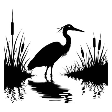 Zarif doğal elementlerle çerçevelenmiş sakin bir göl kenarı tarafından hazırlanmış zarif balıkçıl silueti. Bu vektör illüstrasyonu, doğal dekor, eğitim projeleri ve çevre kampanyası için mükemmel olan sulak arazi yaban hayatının huzurlu özünü yakalar.