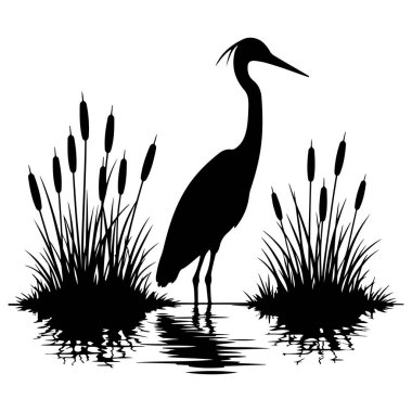 Zarif doğal elementlerle çerçevelenmiş sakin bir göl kenarı tarafından hazırlanmış zarif balıkçıl silueti. Bu vektör illüstrasyonu, doğal dekor, eğitim projeleri ve çevre kampanyası için mükemmel olan sulak arazi yaban hayatının huzurlu özünü yakalar.