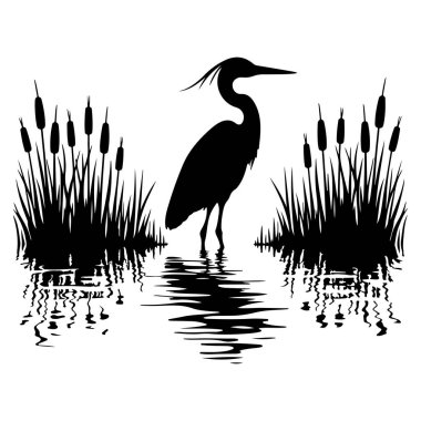 Zarif doğal elementlerle çerçevelenmiş sakin bir göl kenarı tarafından hazırlanmış zarif balıkçıl silueti. Bu vektör illüstrasyonu, doğal dekor, eğitim projeleri ve çevre kampanyası için mükemmel olan sulak arazi yaban hayatının huzurlu özünü yakalar.