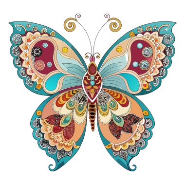 Karmaşık kanat desenleri ve canlı renkler içeren canlı bir kelebek çizimi. Dekoratif duvar sanatı, baskı tasarımı, kırtasiye malzemeleri ve ev aksanları için ideal. Bu vektör çizimi, doğadan esinlenilmiş temalara zarafet ve cazibe getirir.