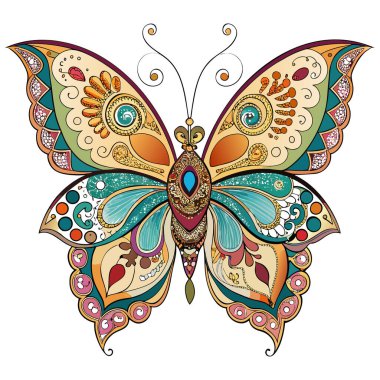 Karmaşık kanat desenleri ve canlı renkler içeren canlı bir kelebek çizimi. Dekoratif duvar sanatı, baskı tasarımı, kırtasiye malzemeleri ve ev aksanları için ideal. Bu vektör çizimi, doğadan esinlenilmiş temalara zarafet ve cazibe getirir.