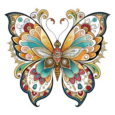 Karmaşık kanat desenleri ve canlı renkler içeren canlı bir kelebek çizimi. Dekoratif duvar sanatı, baskı tasarımı, kırtasiye malzemeleri ve ev aksanları için ideal. Bu vektör çizimi, doğadan esinlenilmiş temalara zarafet ve cazibe getirir.