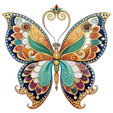 Karmaşık kanat desenleri ve canlı renkler içeren canlı bir kelebek çizimi. Dekoratif duvar sanatı, baskı tasarımı, kırtasiye malzemeleri ve ev aksanları için ideal. Bu vektör çizimi, doğadan esinlenilmiş temalara zarafet ve cazibe getirir.