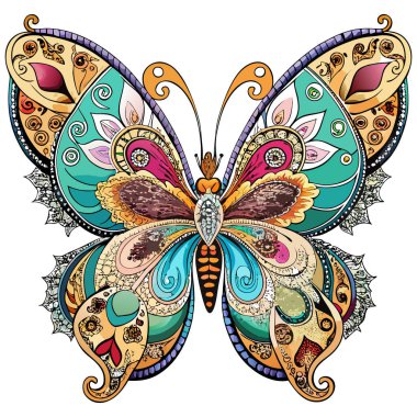 Karmaşık kanat desenleri ve canlı renkler içeren canlı bir kelebek çizimi. Dekoratif duvar sanatı, baskı tasarımı, kırtasiye malzemeleri ve ev aksanları için ideal. Bu vektör çizimi, doğadan esinlenilmiş temalara zarafet ve cazibe getirir.