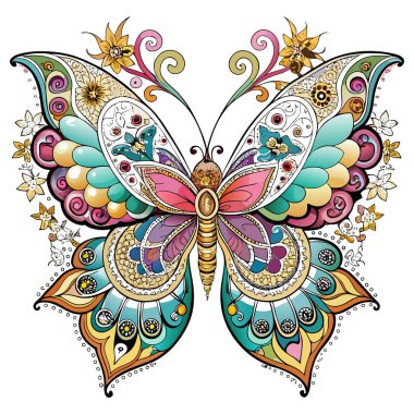 Karmaşık kanat desenleri ve canlı renkler içeren canlı bir kelebek çizimi. Dekoratif duvar sanatı, baskı tasarımı, kırtasiye malzemeleri ve ev aksanları için ideal. Bu vektör çizimi, doğadan esinlenilmiş temalara zarafet ve cazibe getirir.