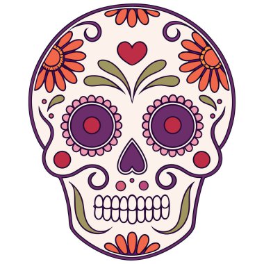 Süslü Calavera kafatası vektörü, geleneksel Da de los Muertos sanatından esinlenerek karmaşık çiçek desenleri ve kalp şeklinde elementler içerir. Bu detaylı tasarım kültürel zarafeti cesur dekorasyonla harmanlıyor, festival grafikleri ve el sanatları için ideal., 